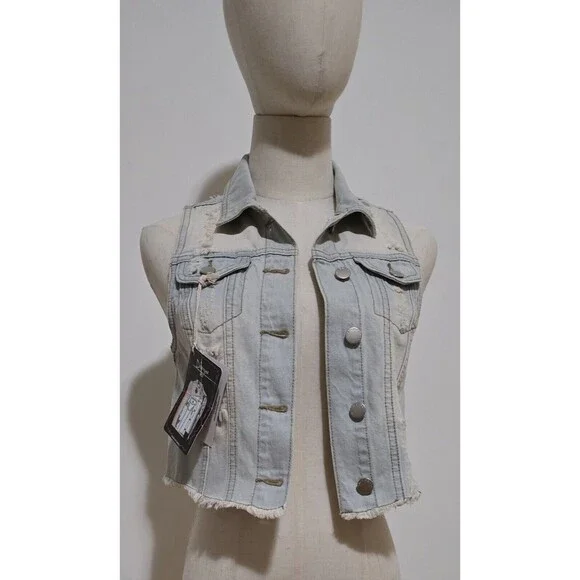 Denim Trucker Style Vest Womens Small Distressed Button Front Sleeveless Y2K New - Picture 2 of 16